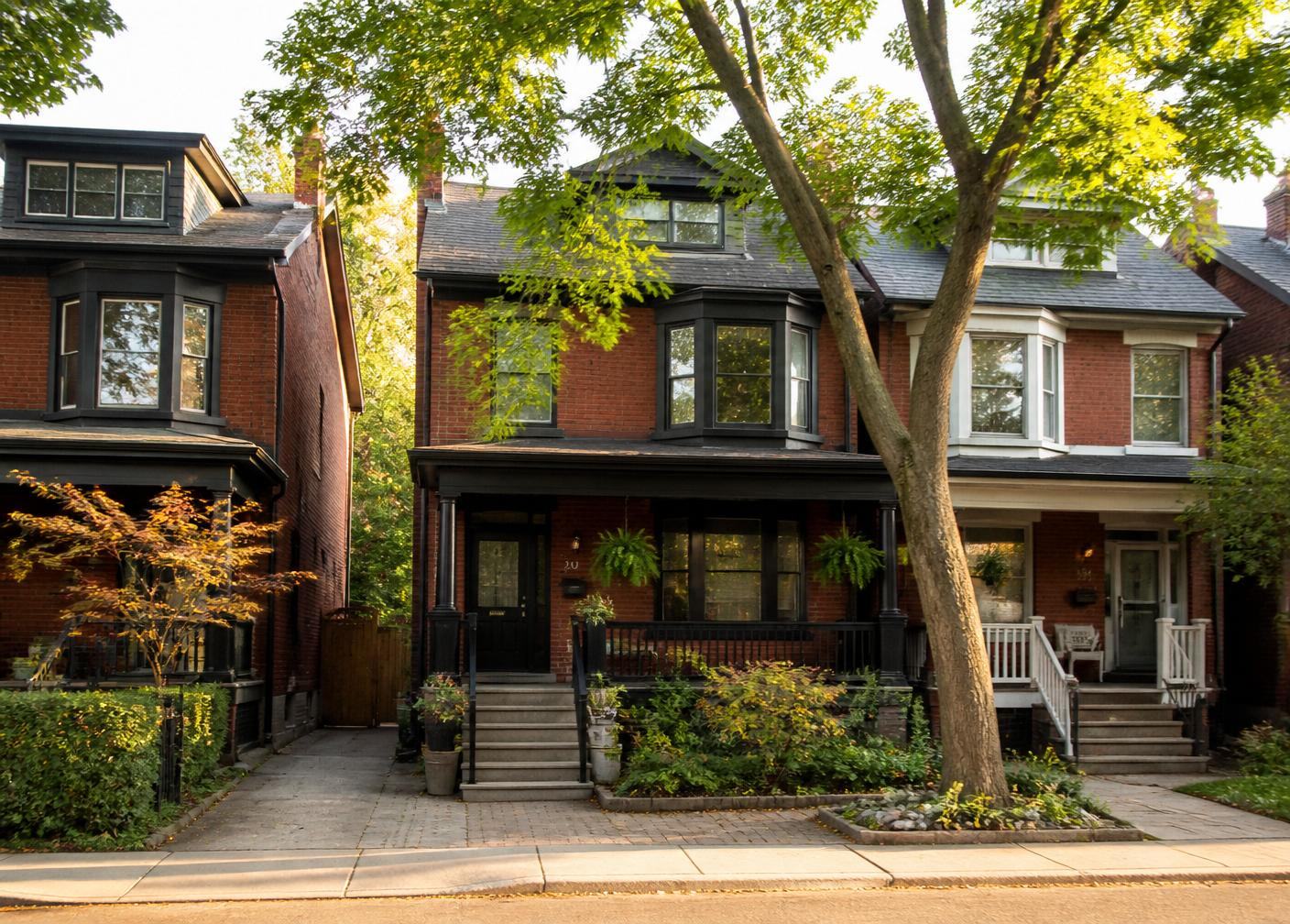 Red brick Toronto homes with front porches on a tree-lined street